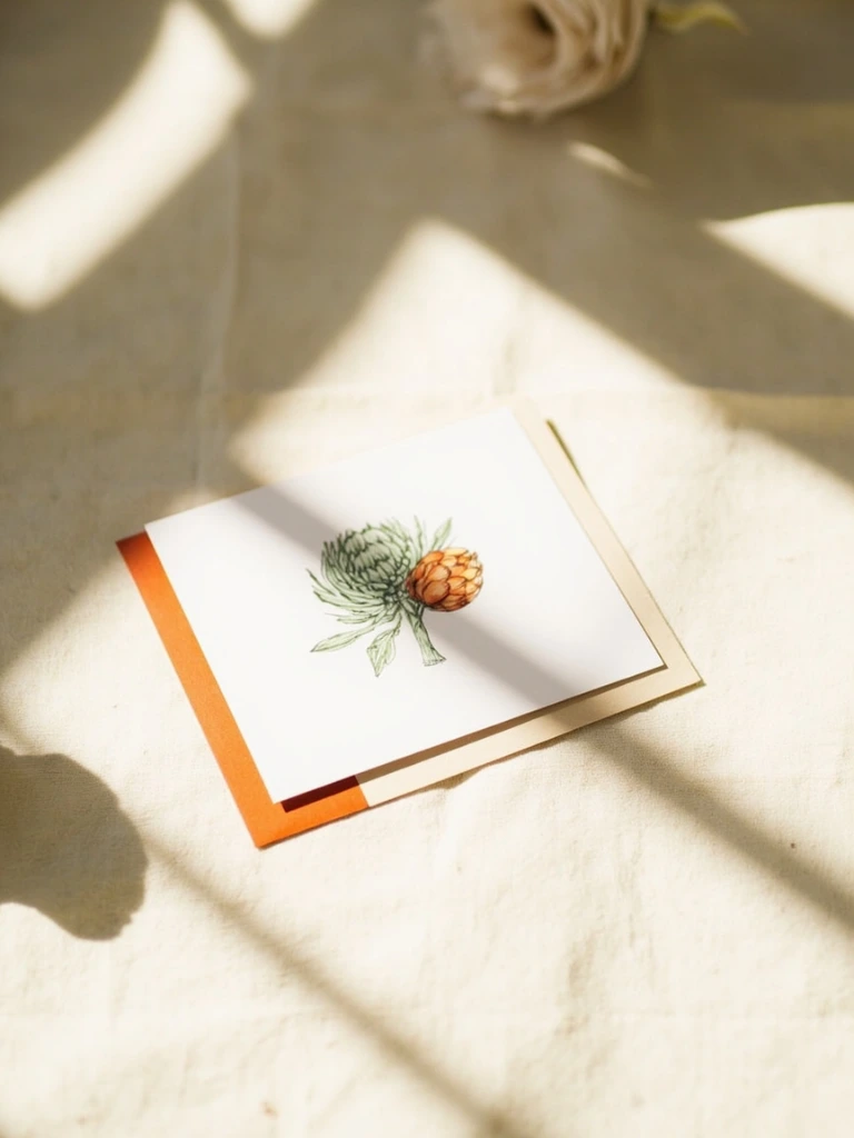Bespoke card with hand-illustrated artichoke and gold-foil crest