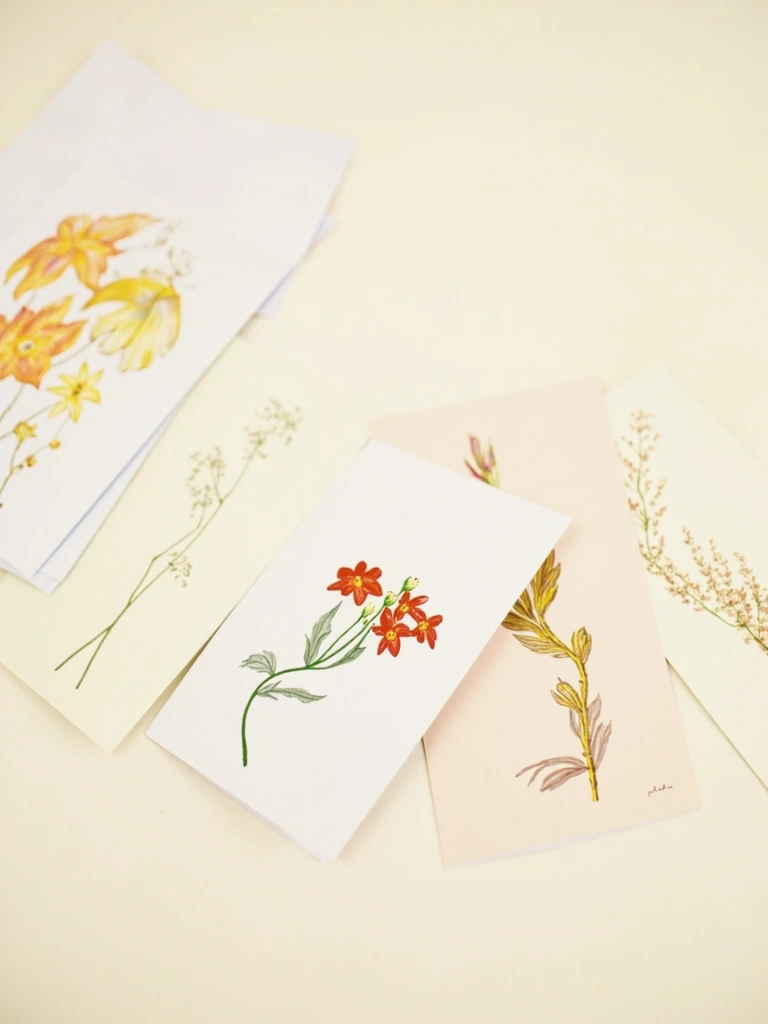 Range of four museum-shop greeting cards with botanical illustrations