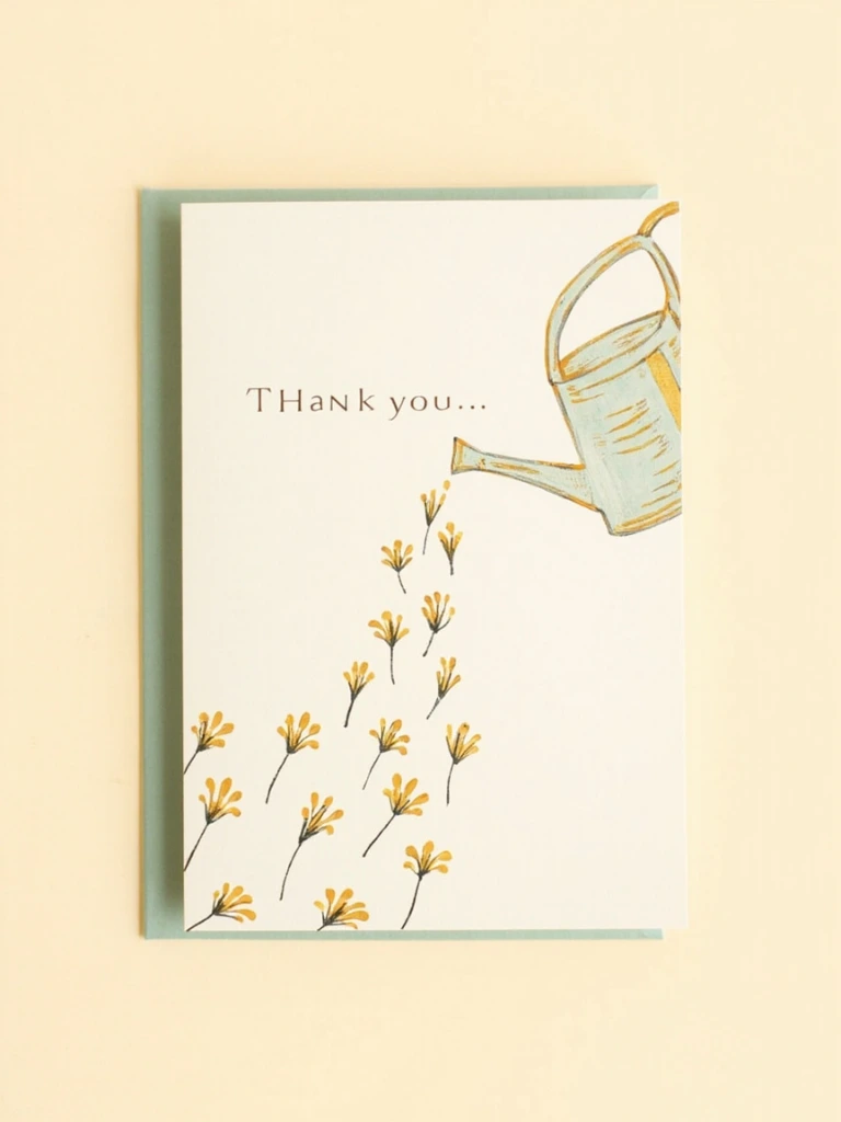 Thank-you illustrated card with a watering can and flowers