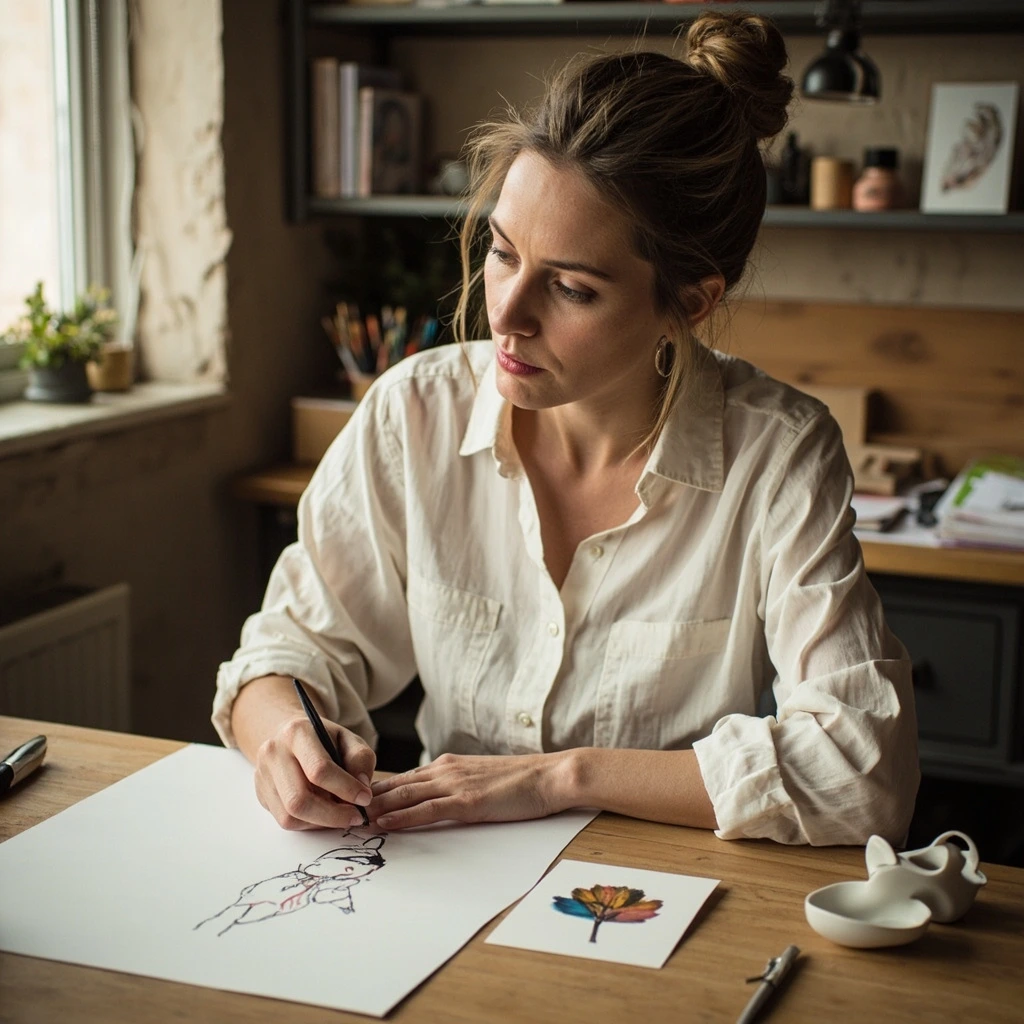 Portrait of illustrator Imogen Penfold at her studio desk