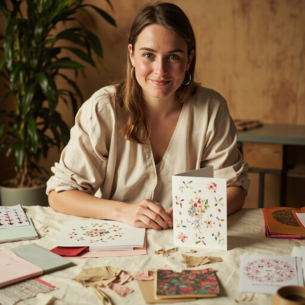 Portrait of illustrator Theodora Wren at their collage desk
