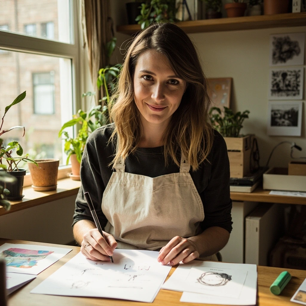 Portrait of illustrator Mara Tindale in her Margate studio